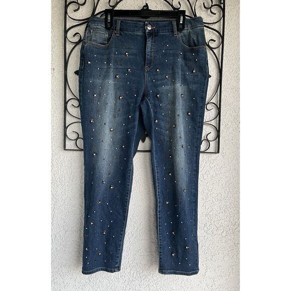 Sold- Chicos Scattered Stones Girlfriend Jeans - Size 2.5/ Large Or 14- Blue - Picture 3 of 9